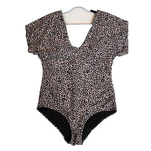 Byinns Leopard Print Flutter Sleeve V-Neck‎ One Piece Swimsuit XXL Pink Tan